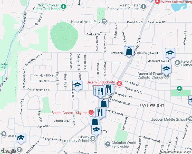 map of restaurants, bars, coffee shops, grocery stores, and more near 4255 Duane Drive South in Salem