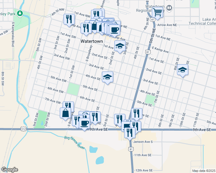map of restaurants, bars, coffee shops, grocery stores, and more near 412 2nd Street Southeast in Watertown