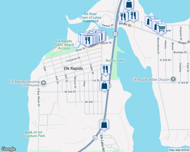 map of restaurants, bars, coffee shops, grocery stores, and more near 401-499 Cedar in Elk Rapids