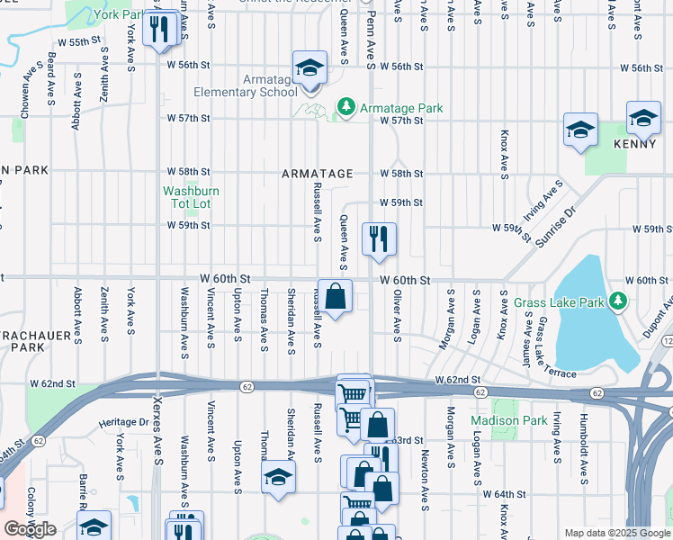 map of restaurants, bars, coffee shops, grocery stores, and more near 5928 Queen Avenue South in Minneapolis