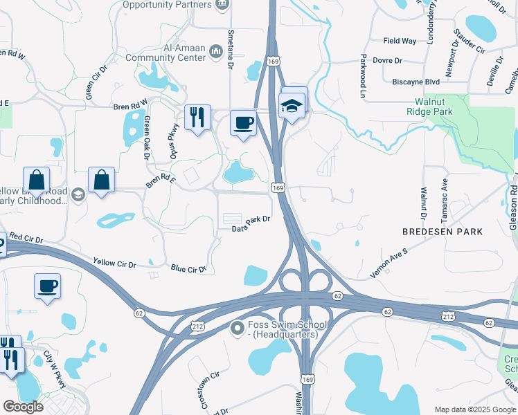 map of restaurants, bars, coffee shops, grocery stores, and more near 9703 Data Park Drive in Minnetonka