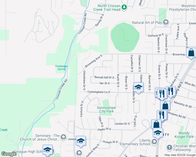 map of restaurants, bars, coffee shops, grocery stores, and more near 1863 Berndt Hill Drive South in Salem