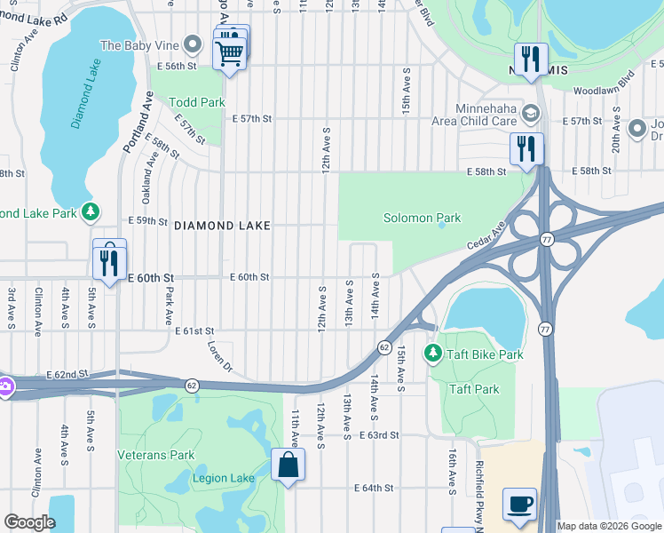 map of restaurants, bars, coffee shops, grocery stores, and more near 5928 12th Avenue South in Minneapolis