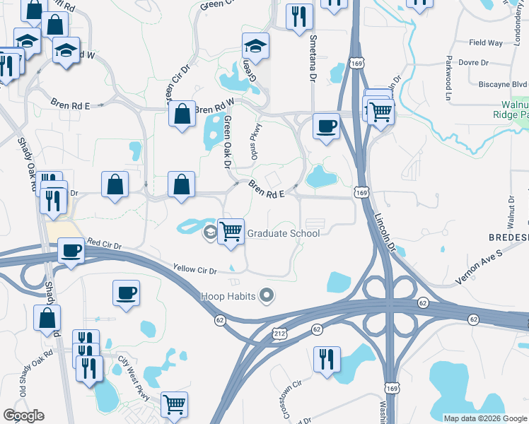 map of restaurants, bars, coffee shops, grocery stores, and more near 6024 Blue Circle Drive in Hopkins