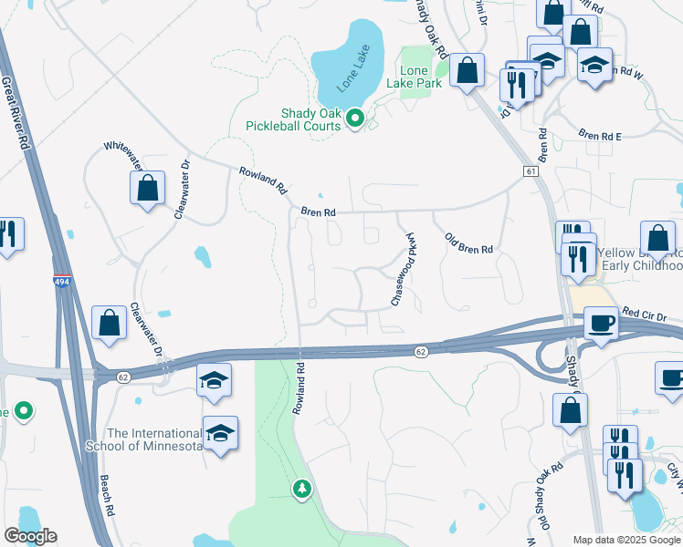 map of restaurants, bars, coffee shops, grocery stores, and more near 6020 Chasewood Parkway in Hopkins