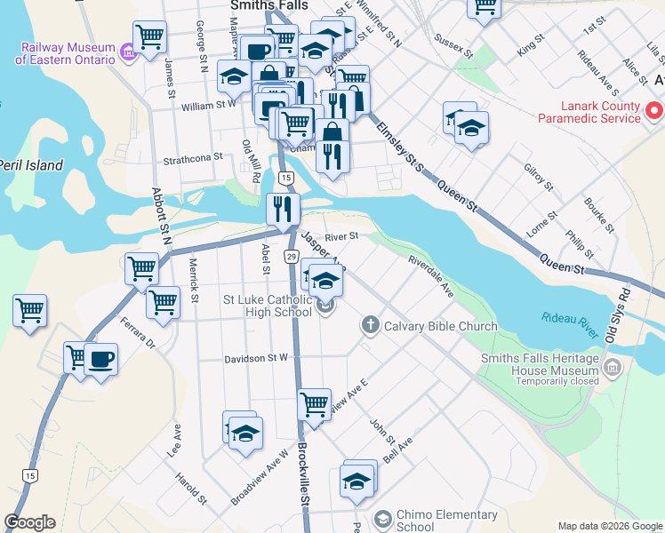 map of restaurants, bars, coffee shops, grocery stores, and more near 30 Jasper Avenue in Smiths Falls