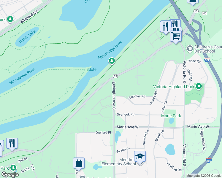 map of restaurants, bars, coffee shops, grocery stores, and more near 1745 Lexington Avenue South in Mendota Heights