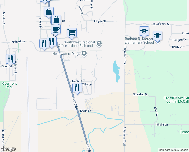 map of restaurants, bars, coffee shops, grocery stores, and more near Valley Springs Road in McCall