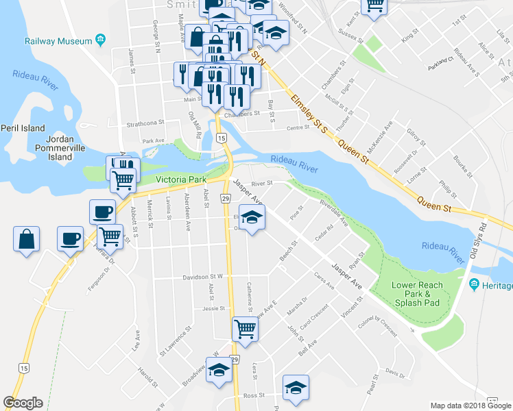 map of restaurants, bars, coffee shops, grocery stores, and more near in Smiths Falls
