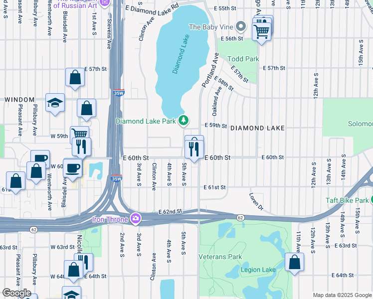 map of restaurants, bars, coffee shops, grocery stores, and more near 5926 Portland Avenue South in Minneapolis