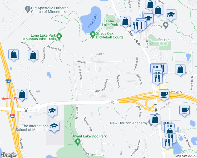 map of restaurants, bars, coffee shops, grocery stores, and more near 5970 Chasewood Parkway in Minnetonka