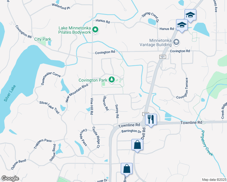 map of restaurants, bars, coffee shops, grocery stores, and more near 18936 Clear View Drive in Minnetonka