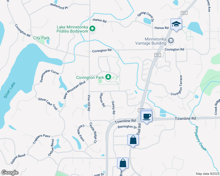map of restaurants, bars, coffee shops, grocery stores, and more near 18936 Clear View Drive in Minnetonka