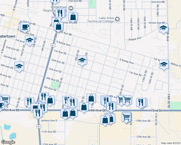 map of restaurants, bars, coffee shops, grocery stores, and more near 216 10th Street Southeast in Watertown