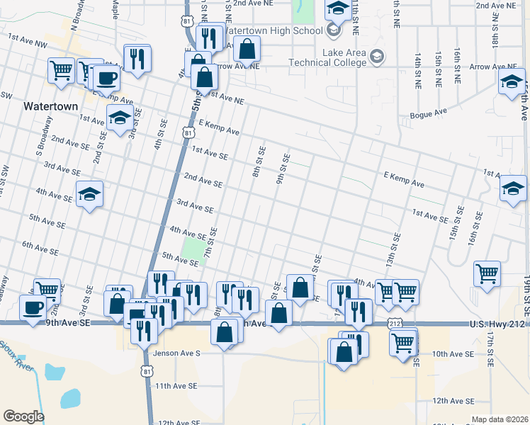 map of restaurants, bars, coffee shops, grocery stores, and more near 212 8th Street Southeast in Watertown