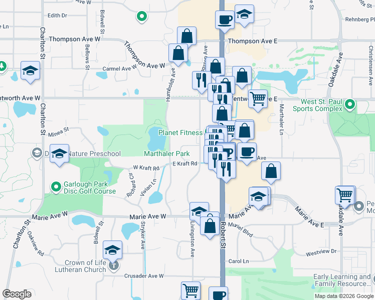 map of restaurants, bars, coffee shops, grocery stores, and more near 1705 Livingston Avenue in Saint Paul