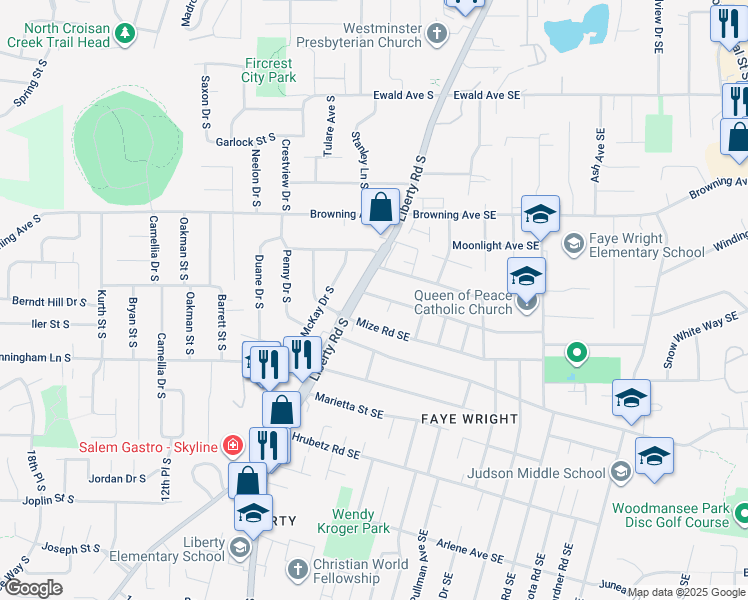 map of restaurants, bars, coffee shops, grocery stores, and more near 145 Friendship Avenue Southeast in Salem
