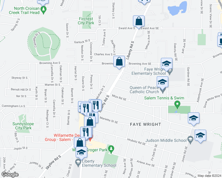 map of restaurants, bars, coffee shops, grocery stores, and more near 4229 Liberty Road South in Salem