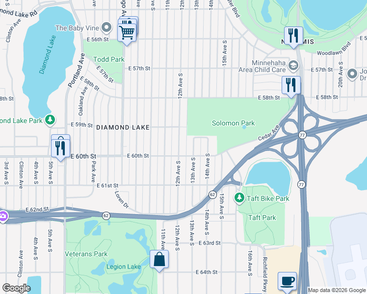 map of restaurants, bars, coffee shops, grocery stores, and more near 5928 12th Avenue South in Minneapolis