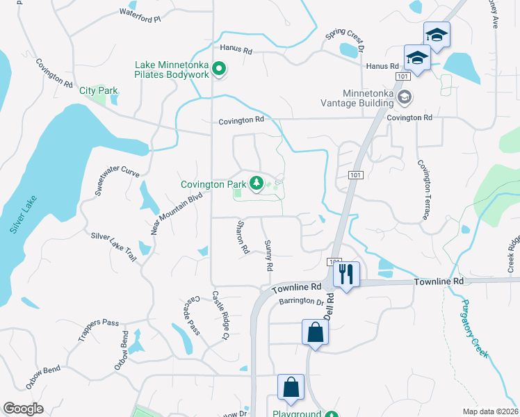 map of restaurants, bars, coffee shops, grocery stores, and more near 18936 Clear View Drive in Minnetonka