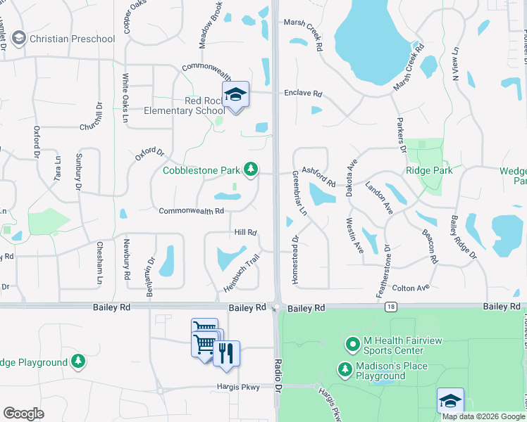 map of restaurants, bars, coffee shops, grocery stores, and more near 3676 Commonwealth Draw in Woodbury