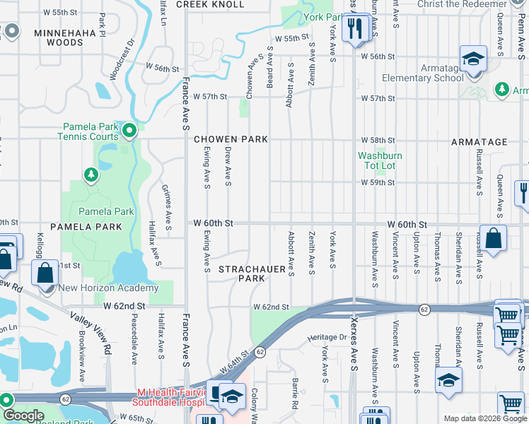 map of restaurants, bars, coffee shops, grocery stores, and more near 5928 Beard Avenue South in Edina