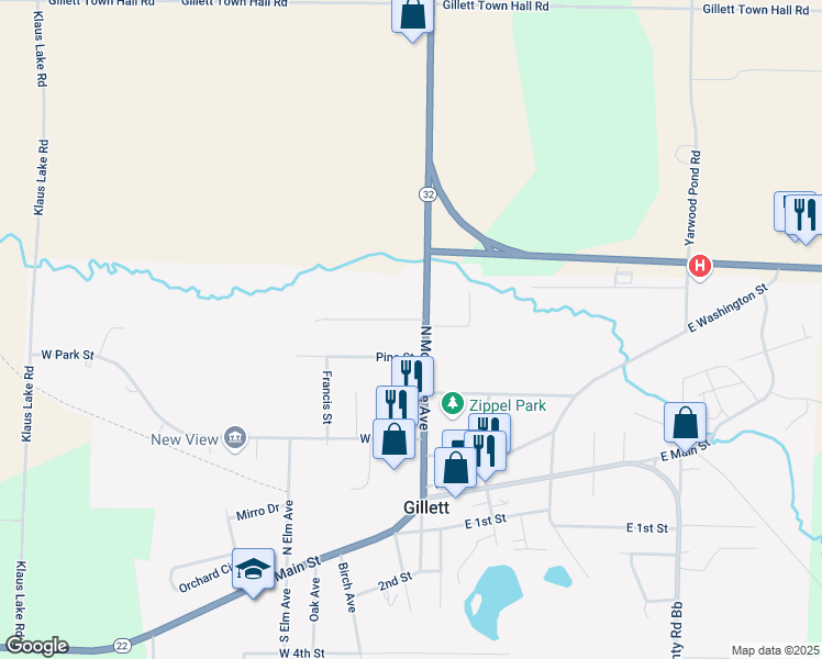 map of restaurants, bars, coffee shops, grocery stores, and more near 108 West Cedar Street in Gillett