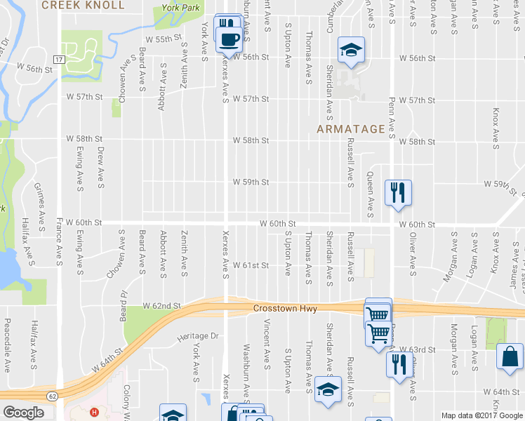 map of restaurants, bars, coffee shops, grocery stores, and more near 5940 Vincent Avenue South in Minneapolis