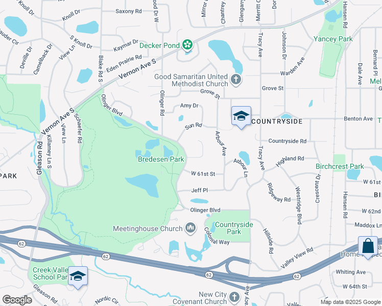 map of restaurants, bars, coffee shops, grocery stores, and more near 6012 Olinger Boulevard in Minneapolis