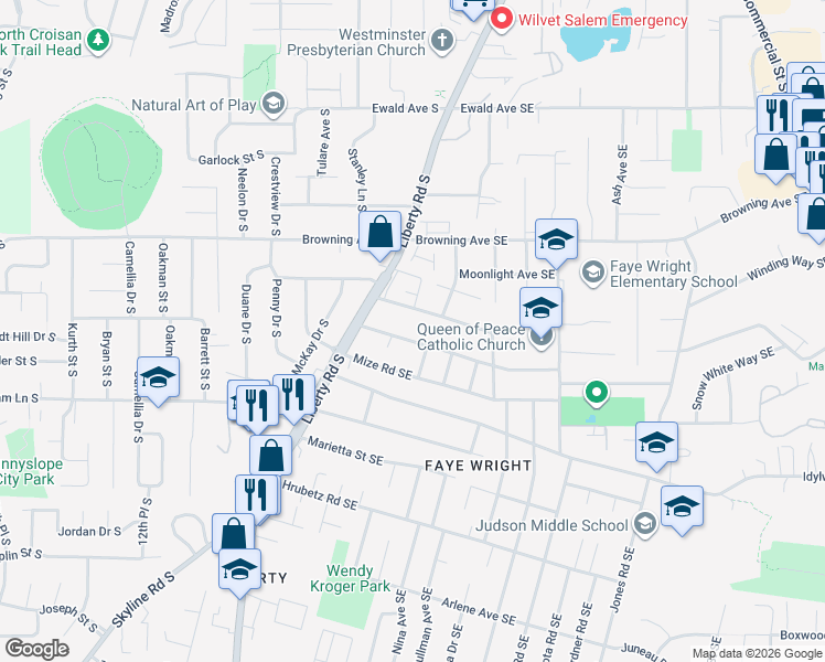 map of restaurants, bars, coffee shops, grocery stores, and more near 175 Friendship Avenue Southeast in Salem