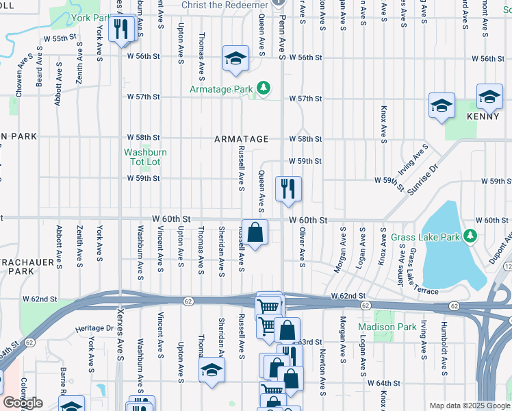 map of restaurants, bars, coffee shops, grocery stores, and more near 5928 Queen Avenue South in Minneapolis