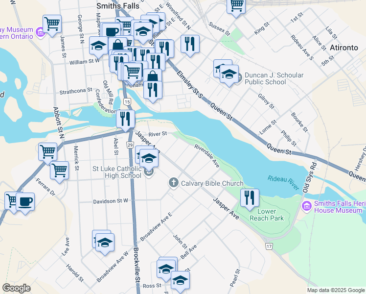 map of restaurants, bars, coffee shops, grocery stores, and more near 49 Pine Street in Smiths Falls