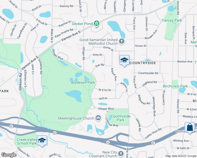 map of restaurants, bars, coffee shops, grocery stores, and more near 6012 Olinger Boulevard in Minneapolis