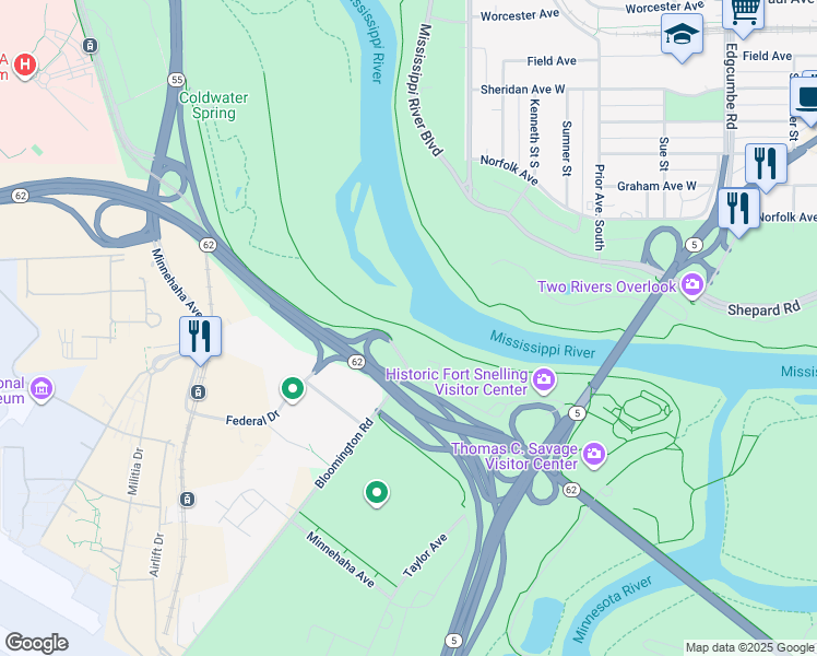 map of restaurants, bars, coffee shops, grocery stores, and more near Minnesota Valley State Trail in Minneapolis