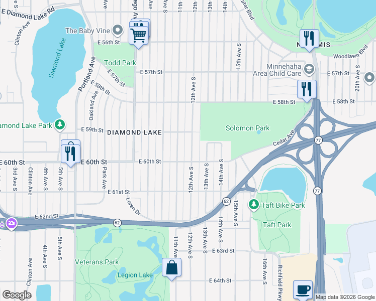 map of restaurants, bars, coffee shops, grocery stores, and more near 5928 12th Avenue South in Minneapolis