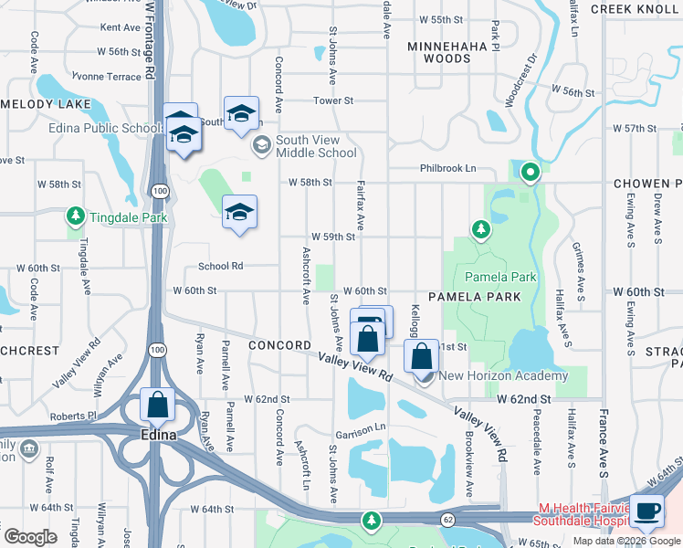 map of restaurants, bars, coffee shops, grocery stores, and more near 5933 Saint Johns Avenue in Minneapolis