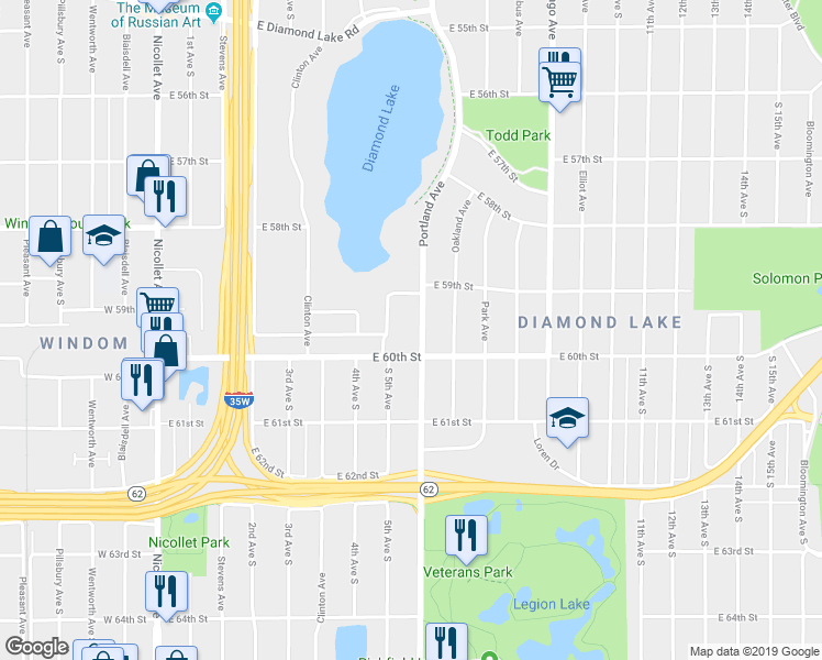map of restaurants, bars, coffee shops, grocery stores, and more near 5926 Portland Avenue in Minneapolis