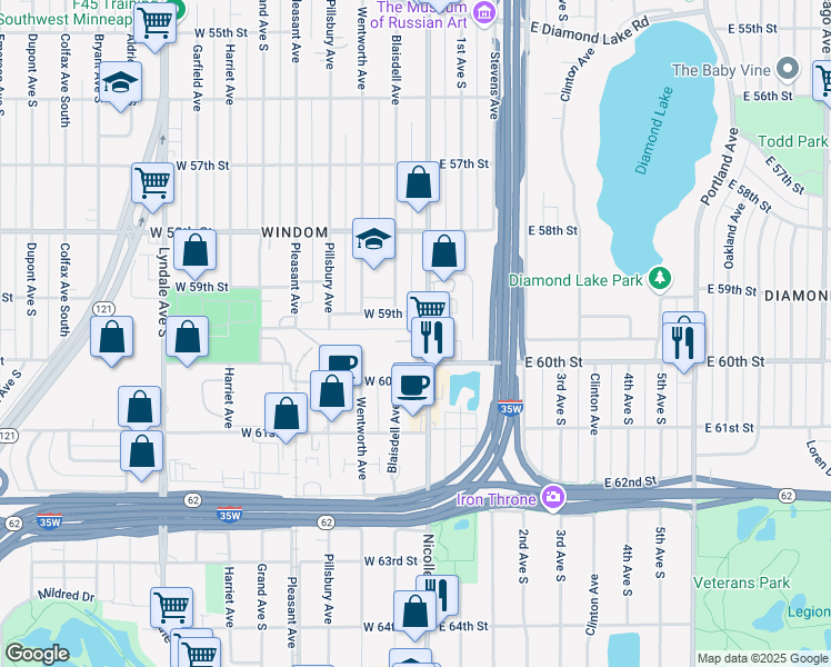 map of restaurants, bars, coffee shops, grocery stores, and more near 5940 Nicollet Avenue in Minneapolis