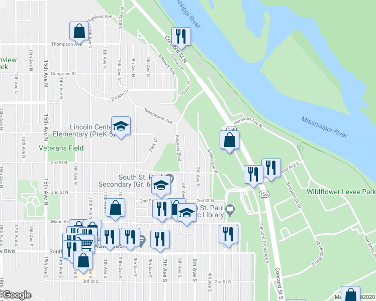 map of restaurants, bars, coffee shops, grocery stores, and more near 348 6th Avenue North in South Saint Paul