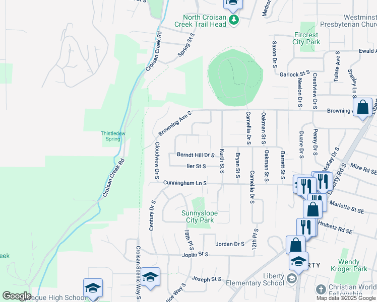 map of restaurants, bars, coffee shops, grocery stores, and more near 1863 Berndt Hill Drive South in Salem