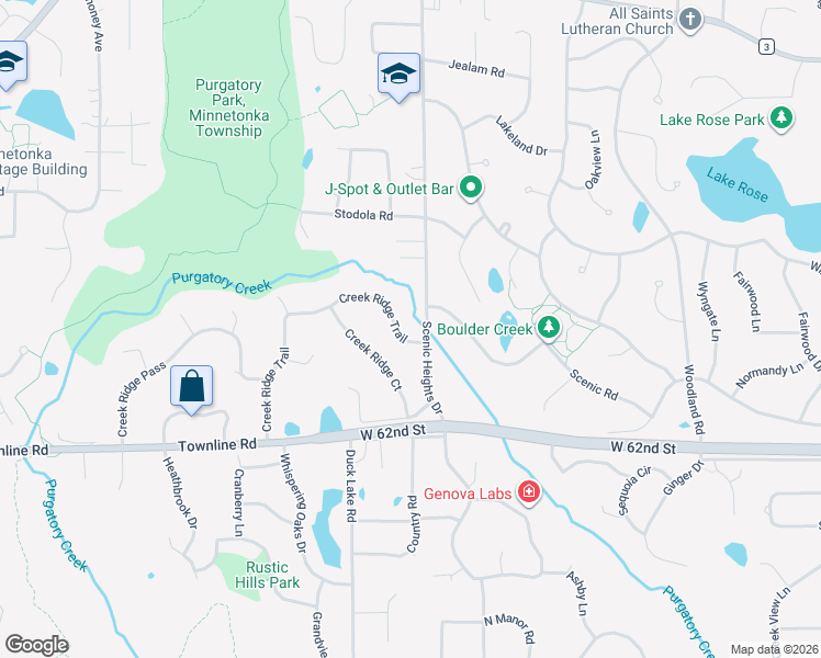 map of restaurants, bars, coffee shops, grocery stores, and more near 16800 Creek Ridge Trail in Minnetonka