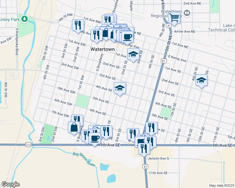 map of restaurants, bars, coffee shops, grocery stores, and more near 412 2nd Street Southeast in Watertown