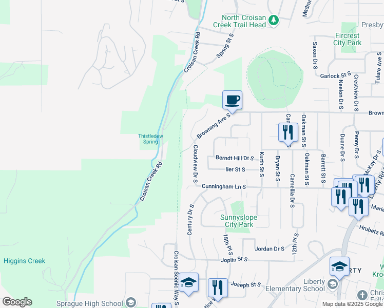 map of restaurants, bars, coffee shops, grocery stores, and more near 4247 Cloudview Drive South in Salem