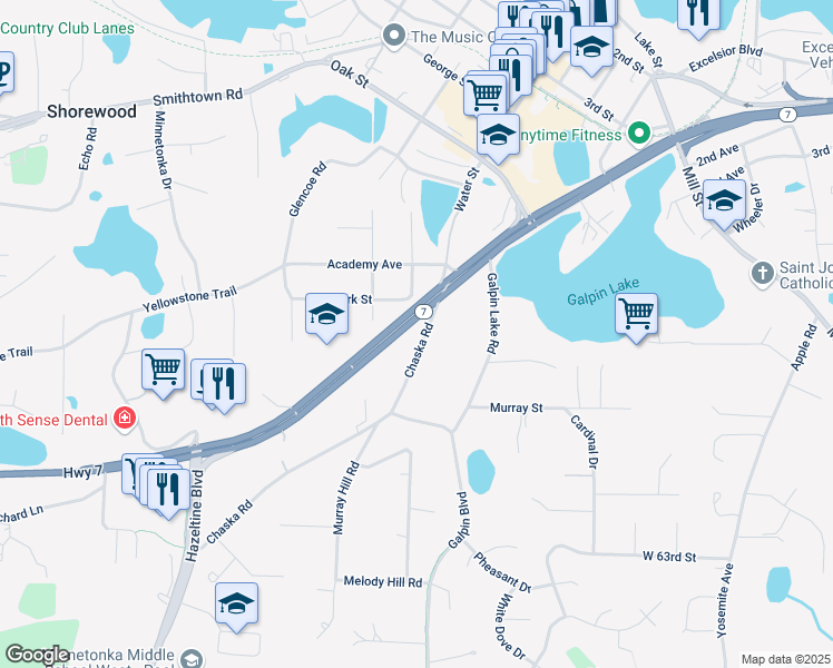 map of restaurants, bars, coffee shops, grocery stores, and more near 23075 Minnesota 7 in Shorewood