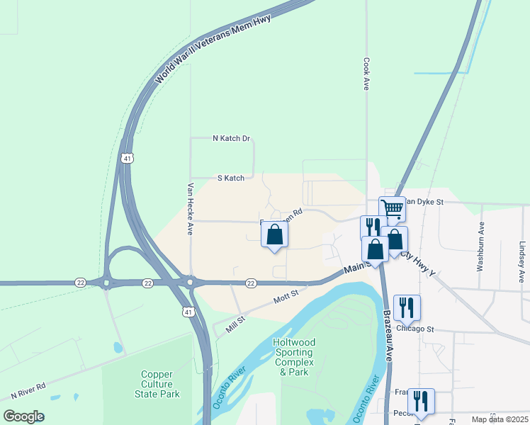 map of restaurants, bars, coffee shops, grocery stores, and more near 142 Evergreen Road in Oconto