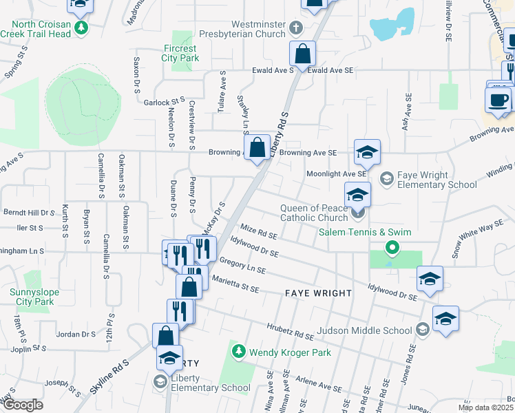 map of restaurants, bars, coffee shops, grocery stores, and more near 145 Friendship Avenue Southeast in Salem