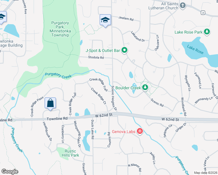 map of restaurants, bars, coffee shops, grocery stores, and more near 16800 Creek Ridge Trail in Minnetonka