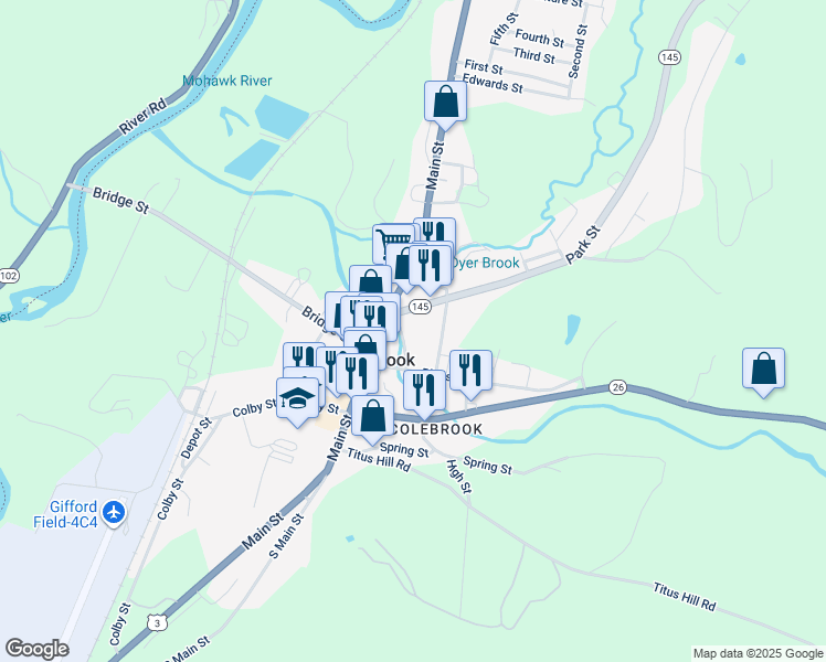 map of restaurants, bars, coffee shops, grocery stores, and more near 13 Academy Street in Colebrook