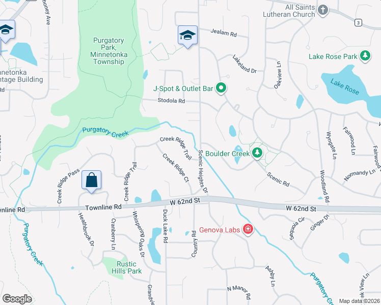 map of restaurants, bars, coffee shops, grocery stores, and more near 16800 Creek Ridge Trail in Minnetonka