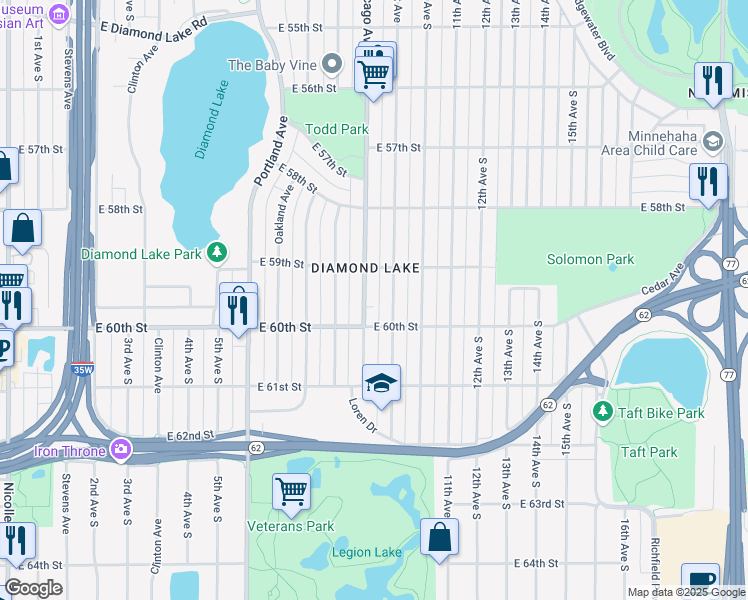map of restaurants, bars, coffee shops, grocery stores, and more near 5929 Chicago Avenue in Minneapolis